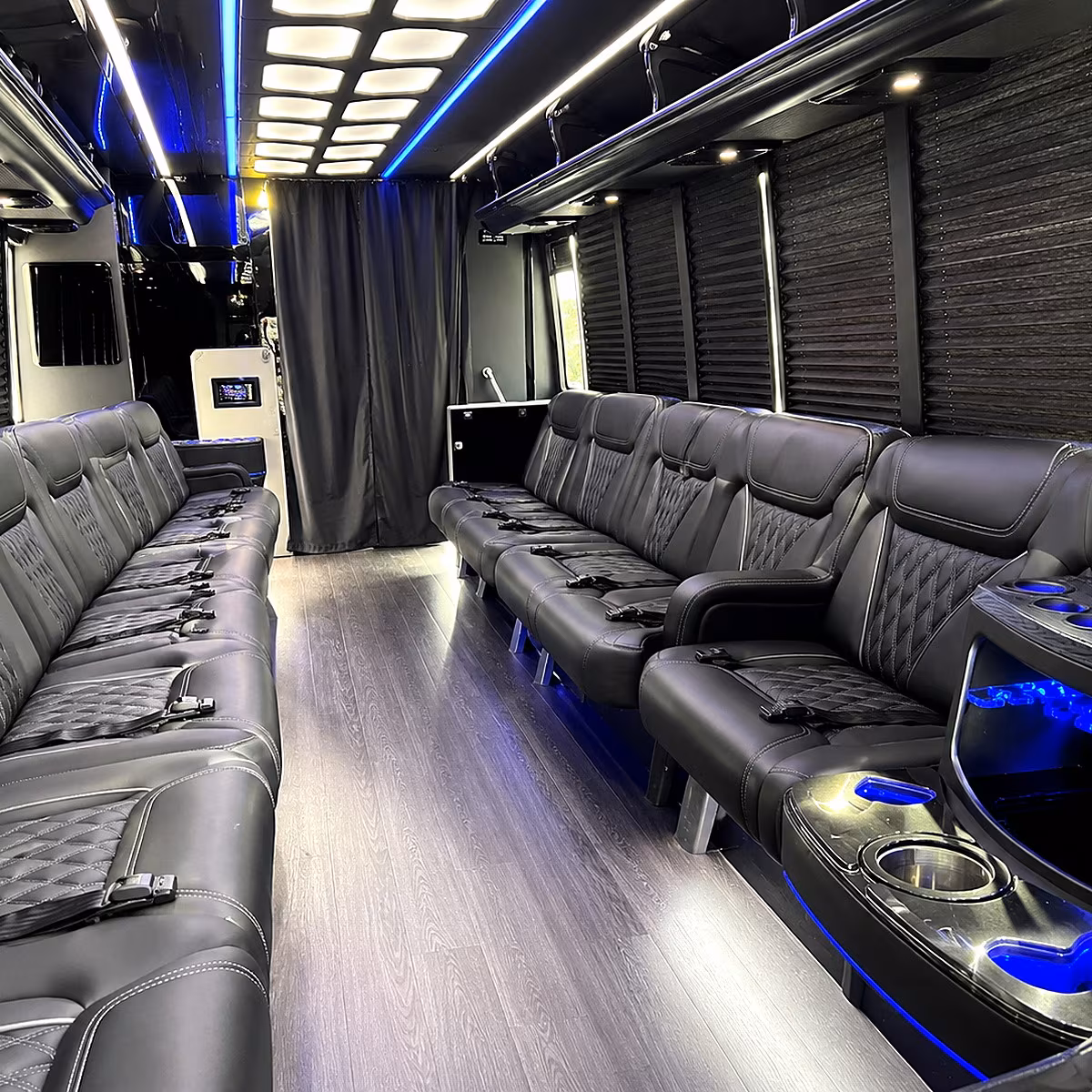Passenger seating aboard a party bus rental serving Austin