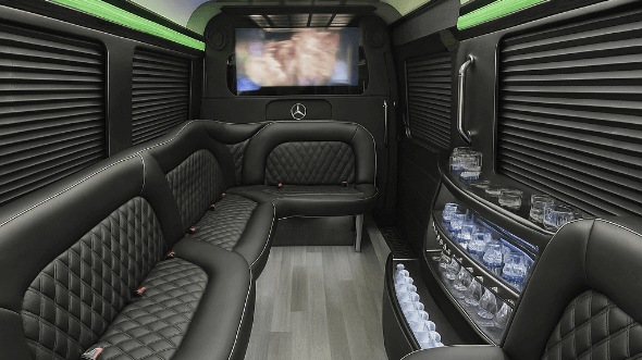 Interior of Austin Party Bus Company's 14 Passenger Sprinter Limousine in Austin